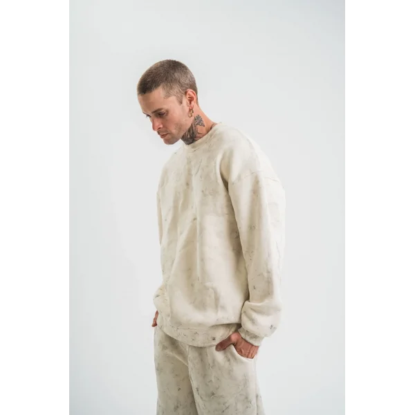 Erkek 3 İplik Pamuklu Yağ Yıkamalı Sweatshirt Double Oversize Bisiklet Yaka Uzun Kol - Krem