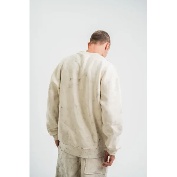 Erkek 3 İplik Pamuklu Yağ Yıkamalı Sweatshirt Double Oversize Bisiklet Yaka Uzun Kol - Krem