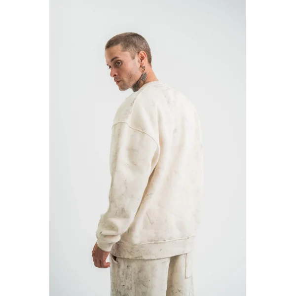 Erkek 3 İplik Pamuklu Yağ Yıkamalı Sweatshirt Double Oversize Bisiklet Yaka Uzun Kol - Krem