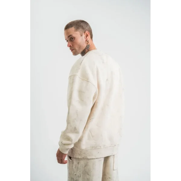 Erkek 3 İplik Pamuklu Yağ Yıkamalı Sweatshirt Double Oversize Bisiklet Yaka Uzun Kol - Krem