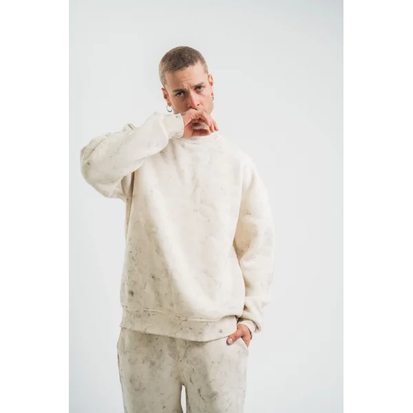 Erkek 3 İplik Pamuklu Yağ Yıkamalı Sweatshirt Double Oversize Bisiklet Yaka Uzun Kol - Krem