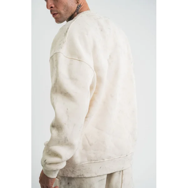 Erkek 3 İplik Pamuklu Yağ Yıkamalı Sweatshirt Double Oversize Bisiklet Yaka Uzun Kol - Krem