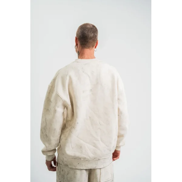 Erkek 3 İplik Pamuklu Yağ Yıkamalı Sweatshirt Double Oversize Bisiklet Yaka Uzun Kol - Krem