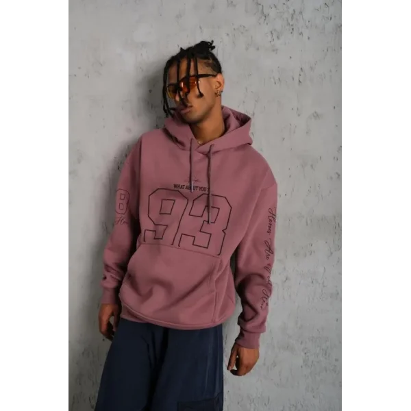 Erkek 93 Dijital Parça Baskılı Kapşonlu Sweat - Gül Kurusu