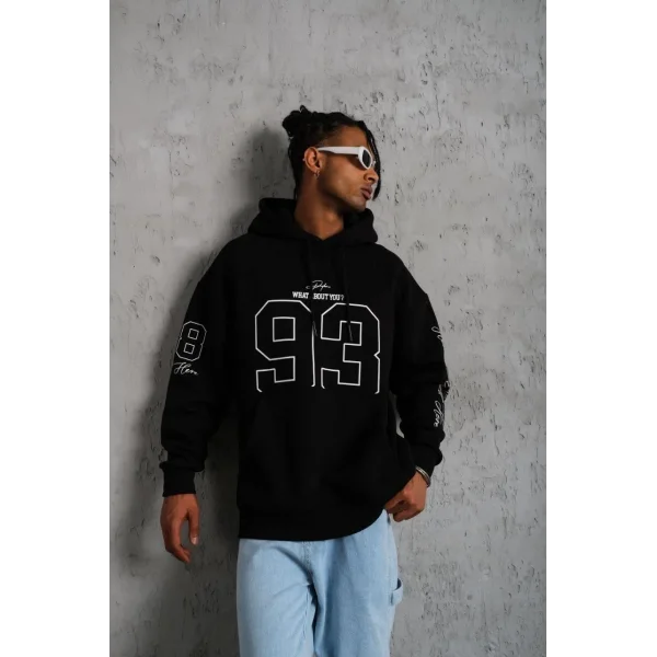 Erkek 93 Dijital Parça Baskılı Kapşonlu Sweat - Siyah