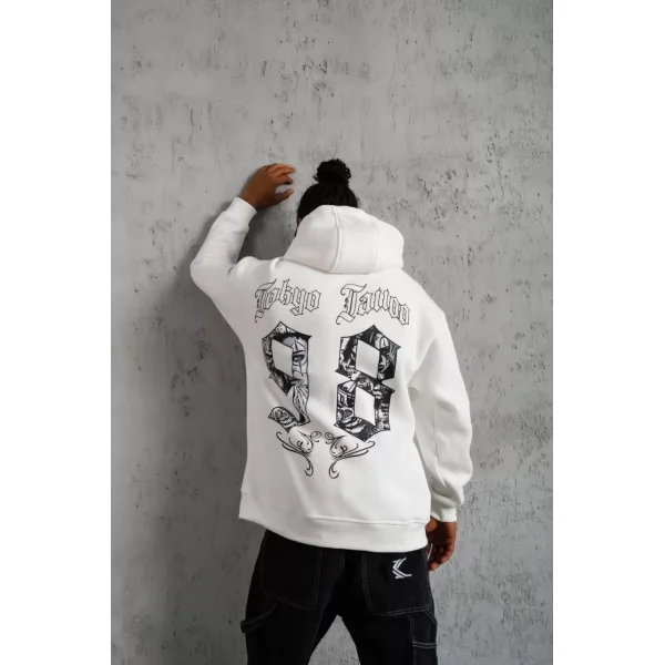 Erkek 98 Baskılı Kapşonlu Sweat - Beyaz
