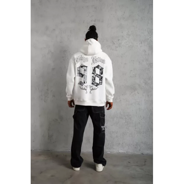 Erkek 98 Baskılı Kapşonlu Sweat - Beyaz