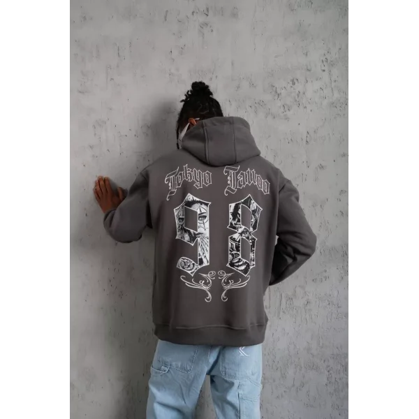 Erkek 98 Baskılı Kapşonlu Sweat - Gri