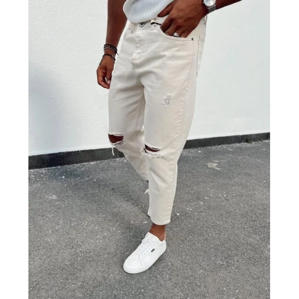 Erkek Açık Krem Yırtık Detaylı Boyfriend Jean