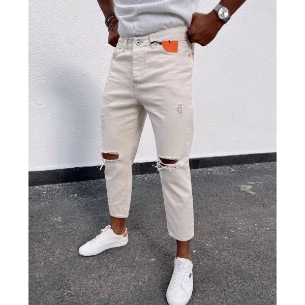 Erkek Açık Krem Yırtık Detaylı Boyfriend Jean