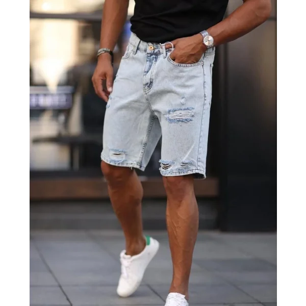 Erkek Açık Mavi Detaylı Kot Şort