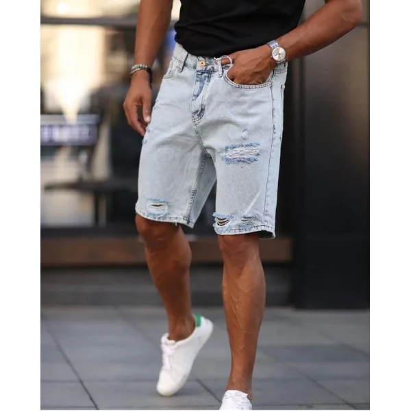 Erkek Açık Mavi Detaylı Kot Şort