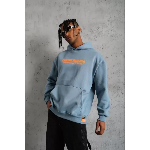 Erkek Armalı Baskılı Kapüşonlu Sweatshirt - Mavi