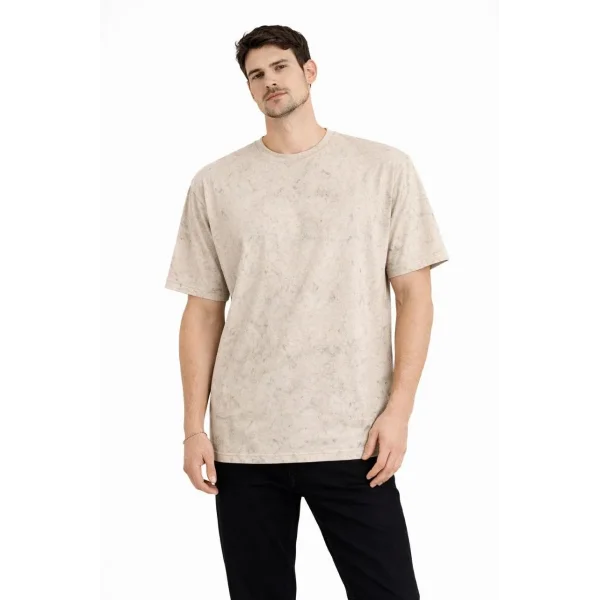 Erkek Asit Yıkama Bisiklet Yaka Kısa Kollu Oversize T-Shirt Tişört - Bej