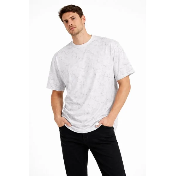 Erkek Asit Yıkama Bisiklet Yaka Kısa Kollu Oversize T-Shirt Tişört - Beyaz