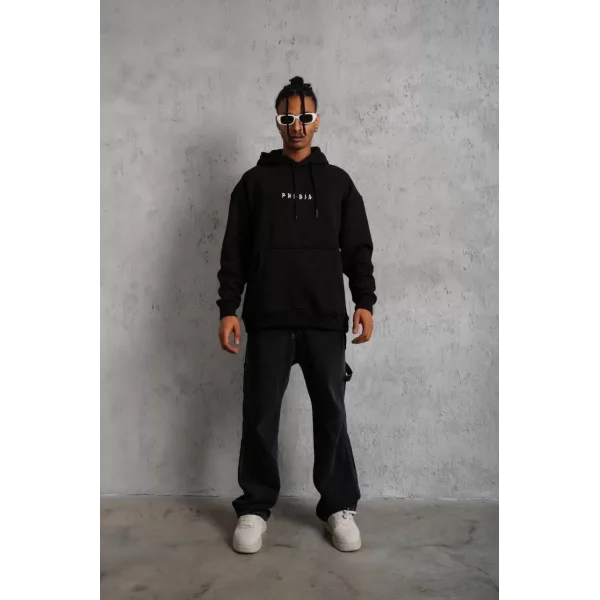 Erkek Astronot Baskılı Kapüşonlu Sweat - Siyah