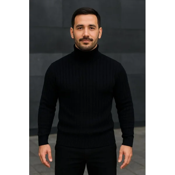 Erkek Balıkcı Yaka Bağazlı Triko Kazak Pamuklu Kalın Fitilli Dokuma, Regular Fit Uzun Kollu Kışlık Model - Siyah