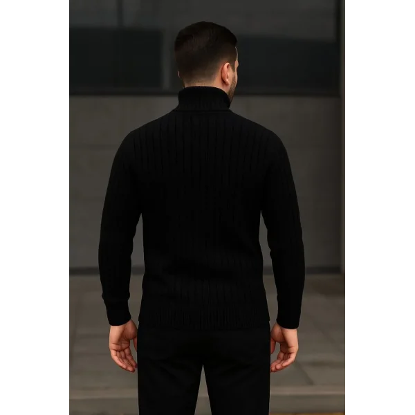 Erkek Balıkcı Yaka Bağazlı Triko Kazak Pamuklu Kalın Fitilli Dokuma, Regular Fit Uzun Kollu Kışlık Model - Siyah