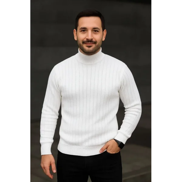 Erkek Balıkcı Yaka Bağazlı Triko Kazak Pamuklu Kalın Fitilli Dokuma, Regular Fit Uzun Kollu Kışlık Model - Beyaz