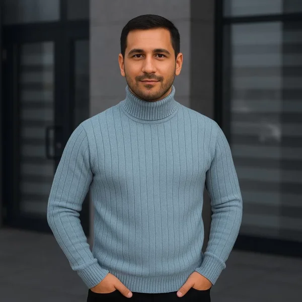 Erkek Balıkcı Yaka Bağazlı Triko Kazak Pamuklu Kalın Fitilli Dokuma, Regular Fit Uzun Kollu Kışlık Model - Bebe Mavisi