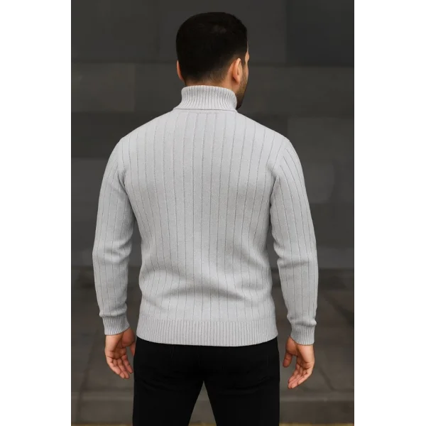 Erkek Balıkcı Yaka Bağazlı Triko Kazak Pamuklu Kalın Fitilli Dokuma, Regular Fit Uzun Kollu Kışlık Model - Gri