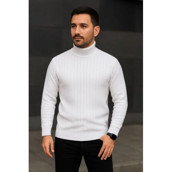 Erkek Balıkcı Yaka Bağazlı Triko Kazak Pamuklu Kalın Fitilli Dokuma, Regular Fit Uzun Kollu Kışlık Model - Beyaz
