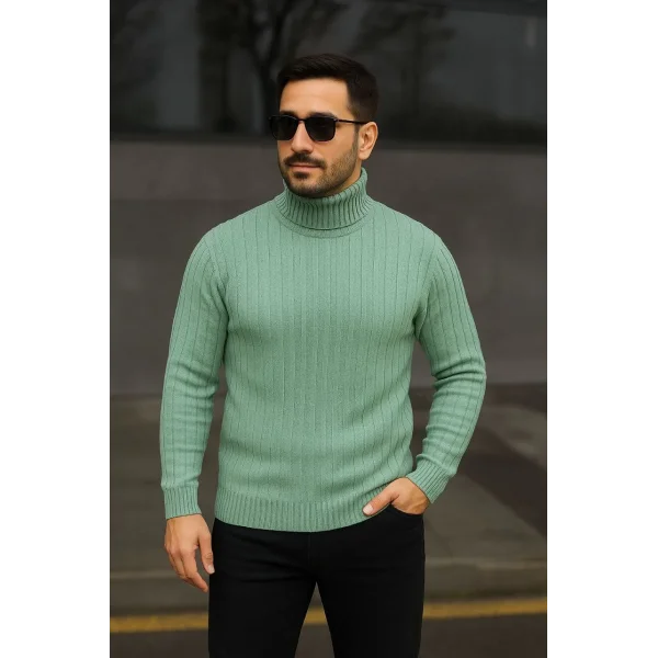 Erkek Balıkcı Yaka Bağazlı Triko Kazak Pamuklu Kalın Fitilli Dokuma, Regular Fit Uzun Kollu Kışlık Model - Mint Yeşili