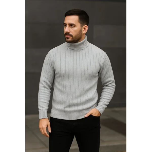 Erkek Balıkcı Yaka Bağazlı Triko Kazak Pamuklu Kalın Fitilli Dokuma, Regular Fit Uzun Kollu Kışlık Model - Gri
