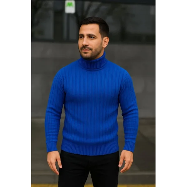 Erkek Balıkcı Yaka Bağazlı Triko Kazak Pamuklu Kalın Fitilli Dokuma, Regular Fit Uzun Kollu Kışlık Model - Saks Mavisi
