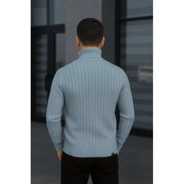 Erkek Balıkcı Yaka Bağazlı Triko Kazak Pamuklu Kalın Fitilli Dokuma, Regular Fit Uzun Kollu Kışlık Model - Bebe Mavisi