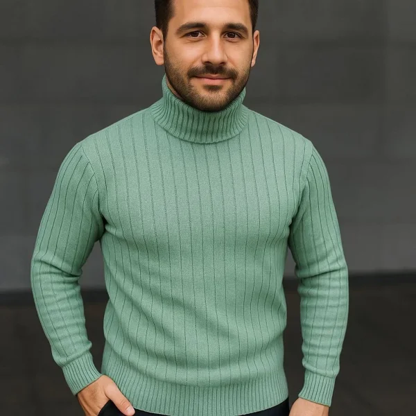 Erkek Balıkcı Yaka Bağazlı Triko Kazak Pamuklu Kalın Fitilli Dokuma, Regular Fit Uzun Kollu Kışlık Model - Mint Yeşili