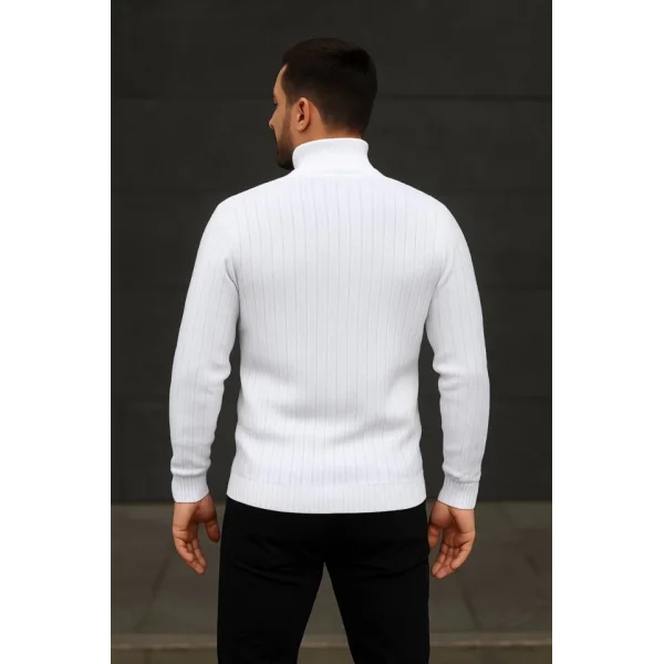 Erkek Balıkcı Yaka Bağazlı Triko Kazak Pamuklu Kalın Fitilli Dokuma, Regular Fit Uzun Kollu Kışlık Model - Beyaz
