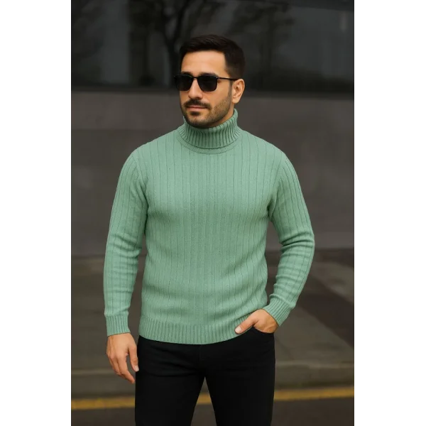Erkek Balıkcı Yaka Bağazlı Triko Kazak Pamuklu Kalın Fitilli Dokuma, Regular Fit Uzun Kollu Kışlık Model - Mint Yeşili