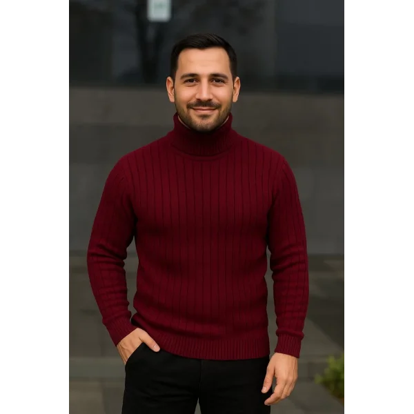 Erkek Balıkcı Yaka Bağazlı Triko Kazak Pamuklu Kalın Fitilli Dokuma, Regular Fit Uzun Kollu Kışlık Model - Bordo
