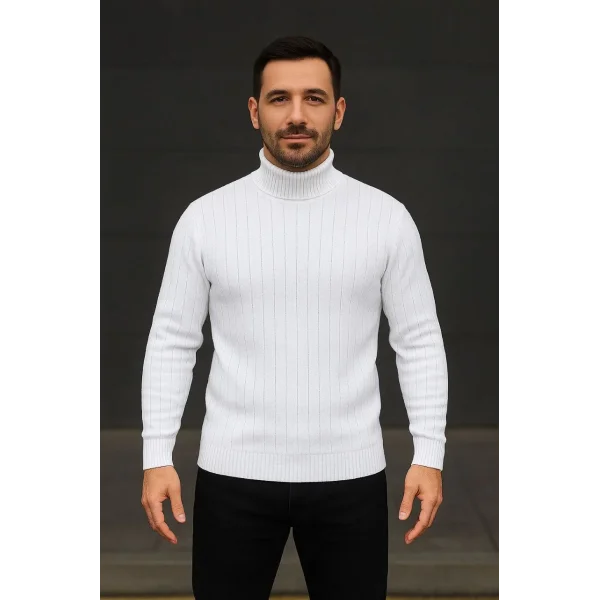Erkek Balıkcı Yaka Bağazlı Triko Kazak Pamuklu Kalın Fitilli Dokuma, Regular Fit Uzun Kollu Kışlık Model - Beyaz