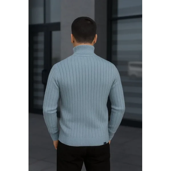 Erkek Balıkcı Yaka Bağazlı Triko Kazak Pamuklu Kalın Fitilli Dokuma, Regular Fit Uzun Kollu Kışlık Model - Bebe Mavisi