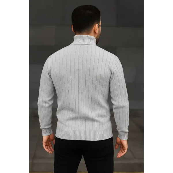 Erkek Balıkcı Yaka Bağazlı Triko Kazak Pamuklu Kalın Fitilli Dokuma, Regular Fit Uzun Kollu Kışlık Model - Gri