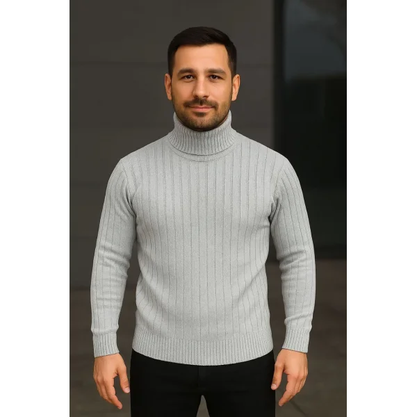 Erkek Balıkcı Yaka Bağazlı Triko Kazak Pamuklu Kalın Fitilli Dokuma, Regular Fit Uzun Kollu Kışlık Model - Gri