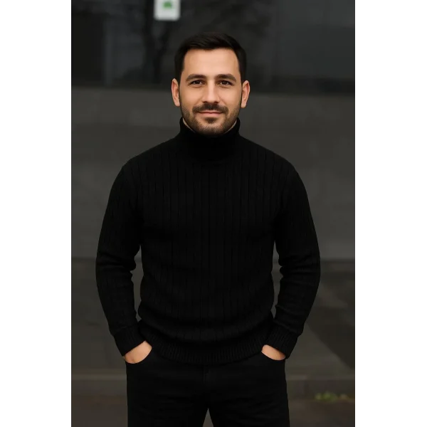 Erkek Balıkcı Yaka Bağazlı Triko Kazak Pamuklu Kalın Fitilli Dokuma, Regular Fit Uzun Kollu Kışlık Model - Siyah