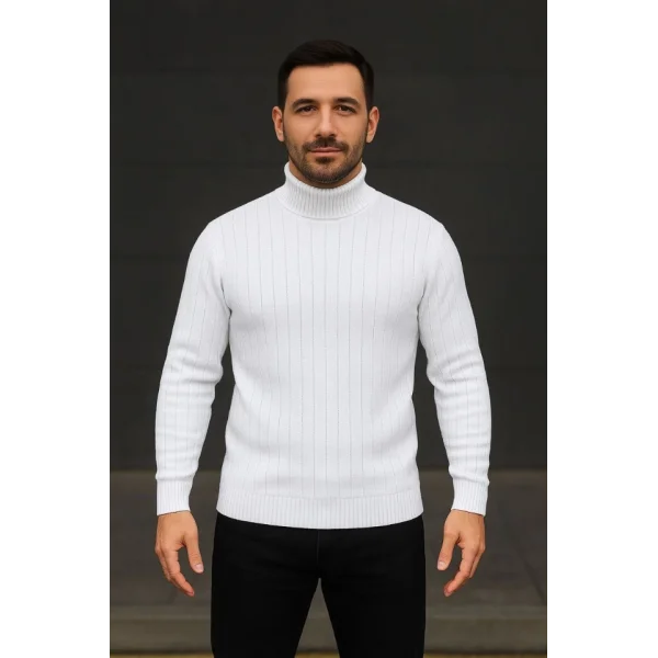 Erkek Balıkcı Yaka Bağazlı Triko Kazak Pamuklu Kalın Fitilli Dokuma, Regular Fit Uzun Kollu Kışlık Model - Beyaz