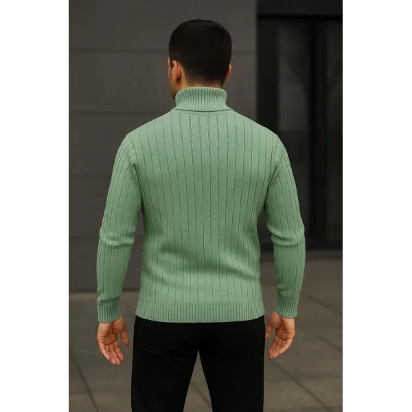 Erkek Balıkcı Yaka Bağazlı Triko Kazak Pamuklu Kalın Fitilli Dokuma, Regular Fit Uzun Kollu Kışlık Model - Mint Yeşili
