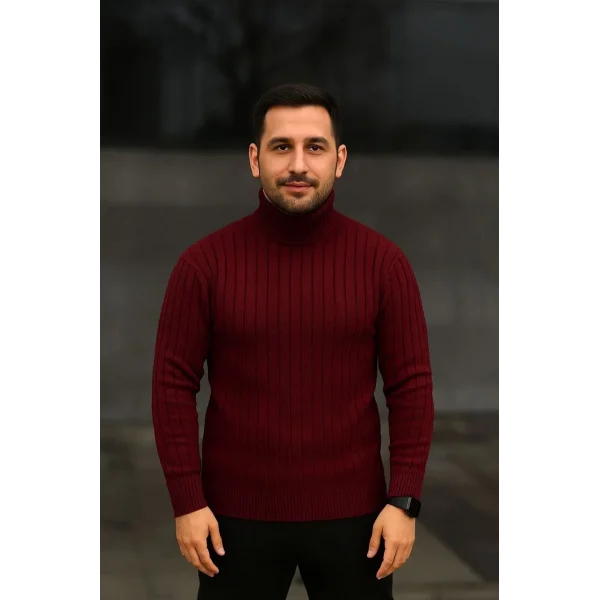 Erkek Balıkcı Yaka Bağazlı Triko Kazak Pamuklu Kalın Fitilli Dokuma, Regular Fit Uzun Kollu Kışlık Model - Bordo