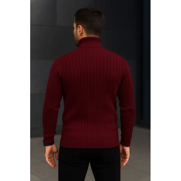 Erkek Balıkcı Yaka Bağazlı Triko Kazak Pamuklu Kalın Fitilli Dokuma, Regular Fit Uzun Kollu Kışlık Model - Bordo