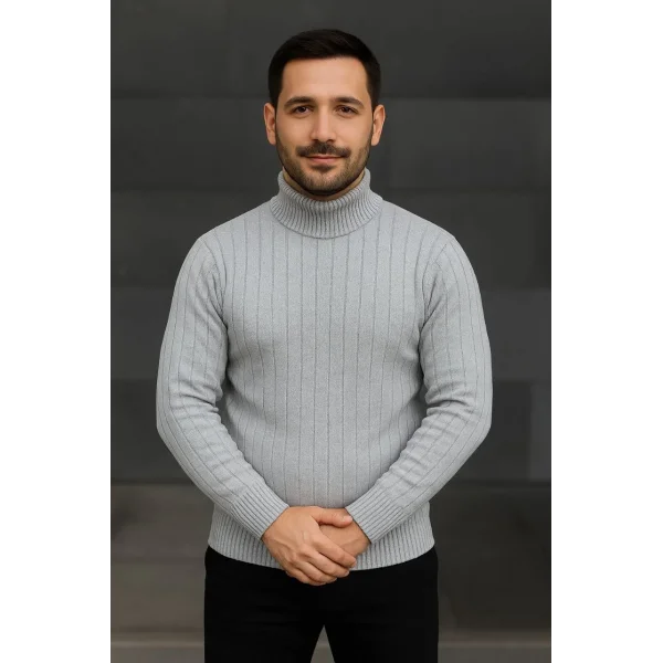 Erkek Balıkcı Yaka Bağazlı Triko Kazak Pamuklu Kalın Fitilli Dokuma, Regular Fit Uzun Kollu Kışlık Model - Gri