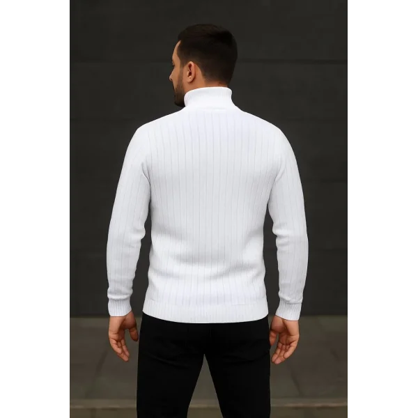 Erkek Balıkcı Yaka Bağazlı Triko Kazak Pamuklu Kalın Fitilli Dokuma, Regular Fit Uzun Kollu Kışlık Model - Beyaz