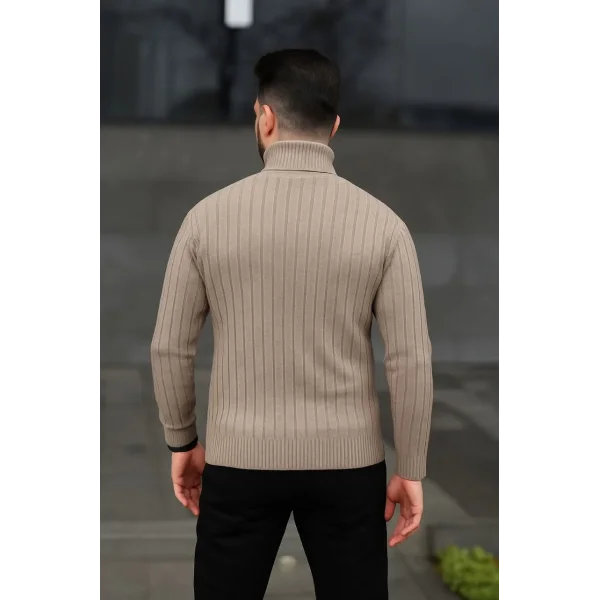 Erkek Balıkcı Yaka Bağazlı Triko Kazak Pamuklu Kalın Fitilli Dokuma, Regular Fit Uzun Kollu Kışlık Model - Bej