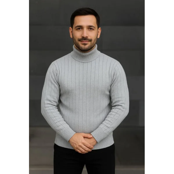 Erkek Balıkcı Yaka Bağazlı Triko Kazak Pamuklu Kalın Fitilli Dokuma, Regular Fit Uzun Kollu Kışlık Model - Gri