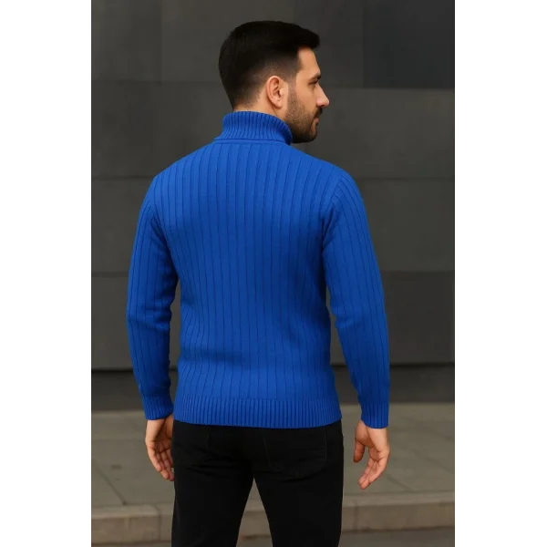 Erkek Balıkcı Yaka Bağazlı Triko Kazak Pamuklu Kalın Fitilli Dokuma, Regular Fit Uzun Kollu Kışlık Model - Saks Mavisi