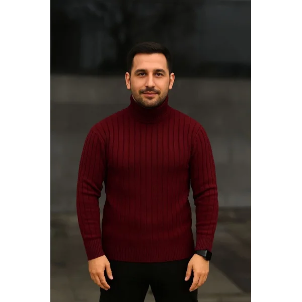 Erkek Balıkcı Yaka Bağazlı Triko Kazak Pamuklu Kalın Fitilli Dokuma, Regular Fit Uzun Kollu Kışlık Model - Bordo