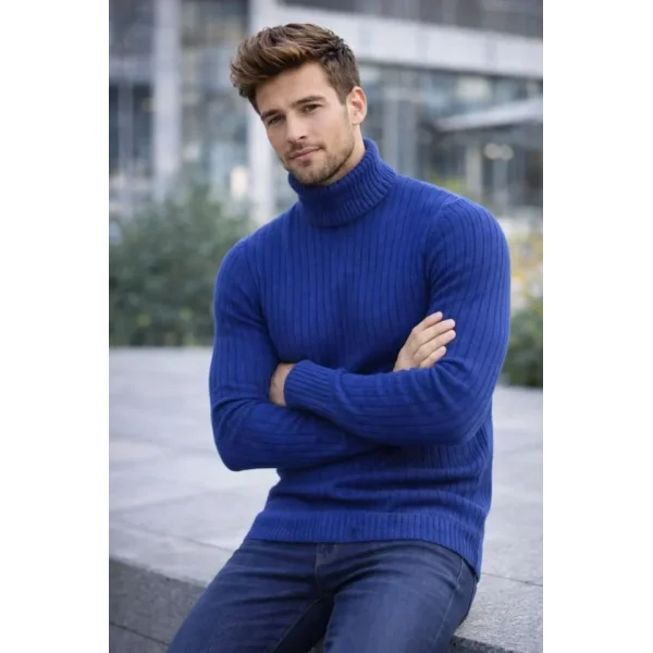 Erkek Balıkcı Yaka Bağazlı Triko Kazak Pamuklu Kalın Fitilli Dokuma, Regular Fit Uzun Kollu Kışlık Model - İndigo